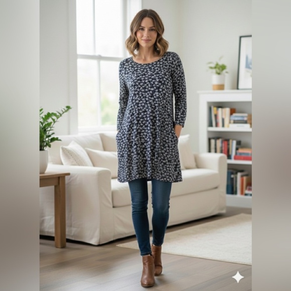 Komil Women’s Large Blue White Arsty Floral Tunic Top 100% Cotton Lagenlook L